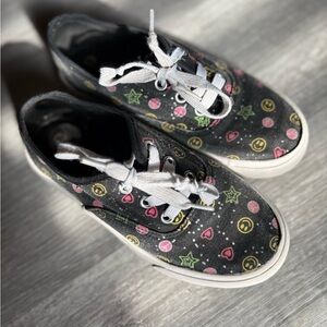 Kids Black Canvas Sneakers with Colorful Smiley & Star Prints